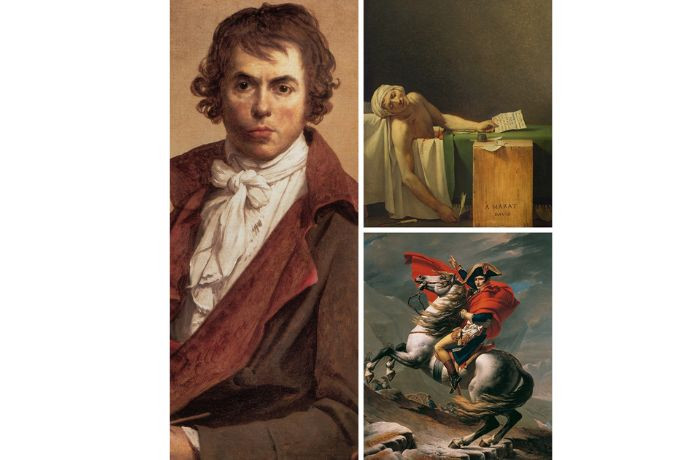 Họa sĩ Jacques-Louis David, tác giả bức tranh Napoleon cưỡi ngựa, cùng hình ảnh hai tác phẩm nổi tiếng khác.