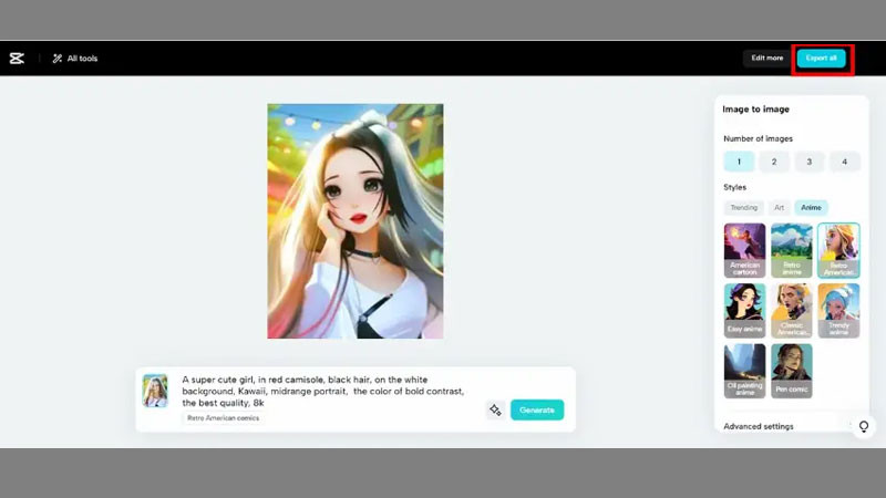 Hoàn tất và tải ảnh truyện tranh anime đã tạo từ CapCut