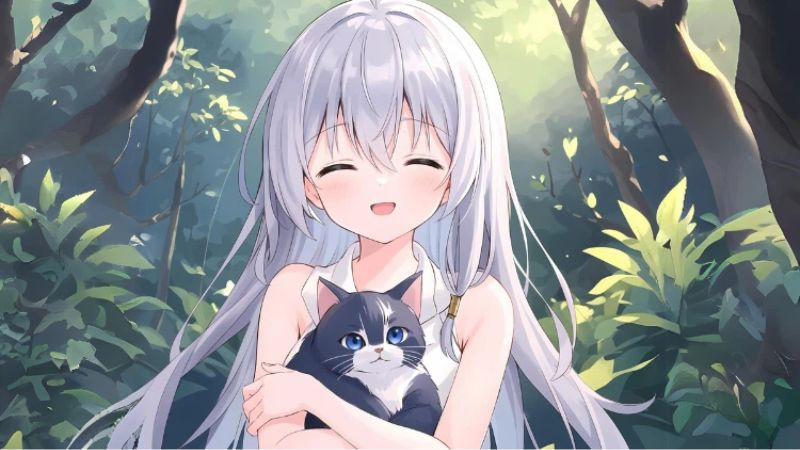 Học sinh anime ôm mèo