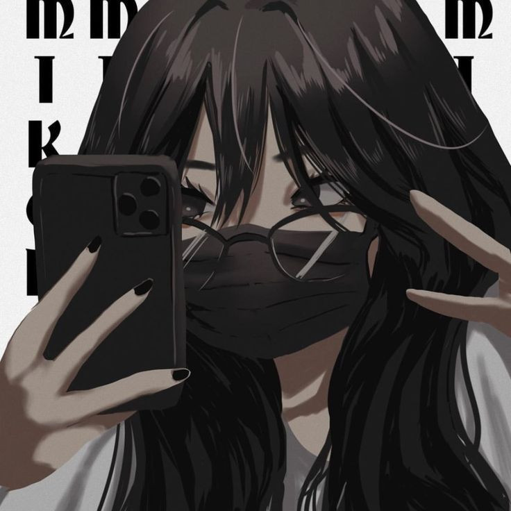 Học sinh nữ anime đeo khẩu trang đen tạo dáng trước gương