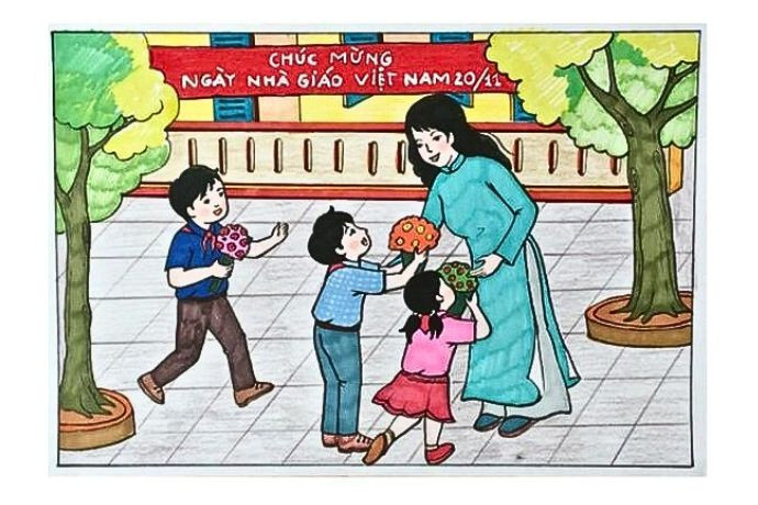 Học sinh tặng hoa tri ân thầy cô giáo trong tranh vẽ ngày 20/11