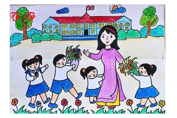 Học sinh tặng hoa và quà thầy cô trong ngày lễ 20/11 qua tranh vẽ