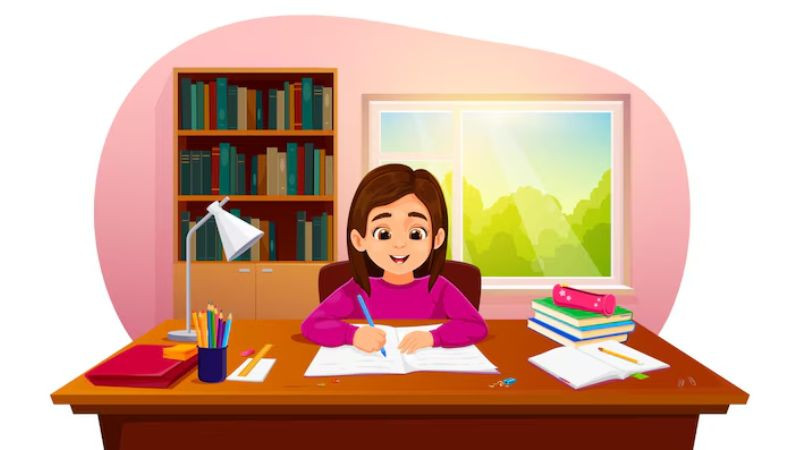 Học sinh vui vẻ học bài tại nhà