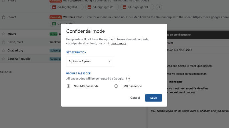 Hộp thoại cài đặt chế độ bảo mật (Confidential Mode) trong Gmail