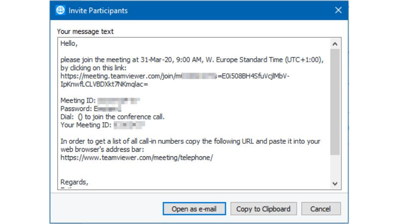 Hộp thoại chứa thông tin mời tham gia cuộc họp TeamViewer bao gồm link, ID và mật khẩu