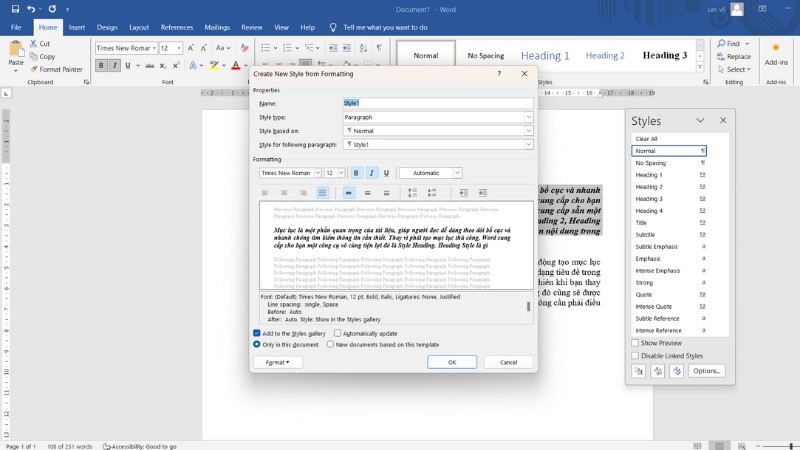 Hộp thoại Create New Style From Formatting để đặt tên và tùy chỉnh Style mới