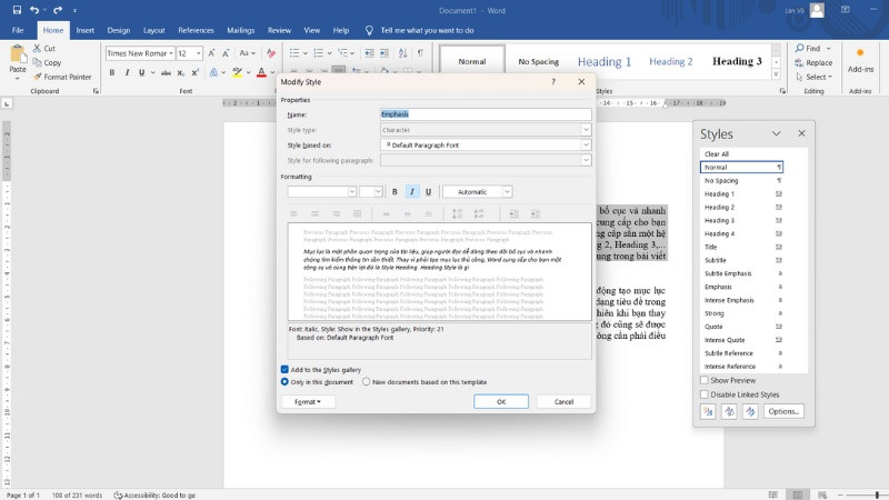 Hộp thoại Modify Style trong Word hiển thị các tùy chọn chỉnh sửa định dạng