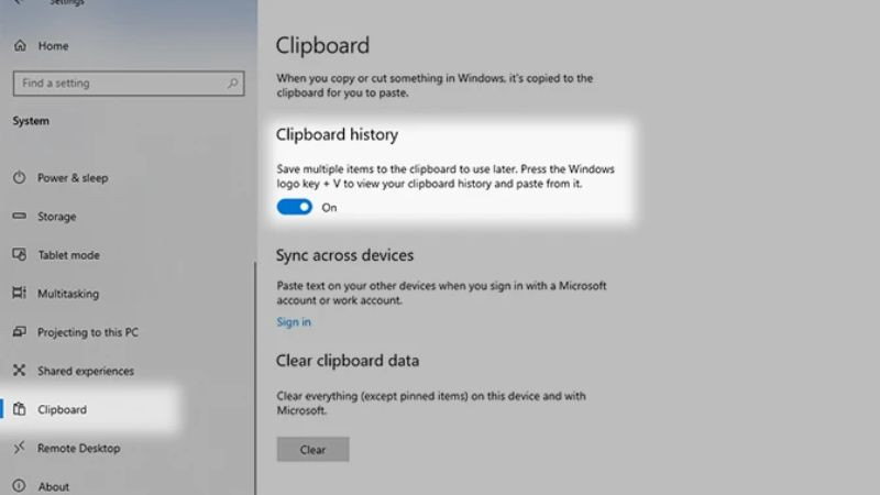 Hướng dẫn bật Lịch sử Clipboard (Clipboard History) trong Cài đặt Windows 10