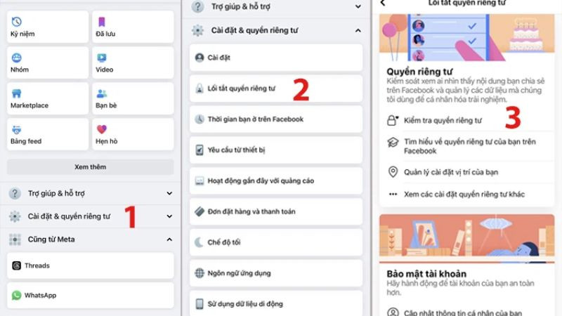 Hướng dẫn bước 1 chặn spam Facebook trên điện thoại: Vào Menu và chọn Kiểm tra quyền riêng tư