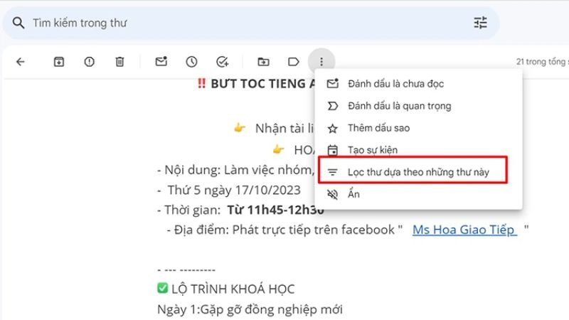 Hướng dẫn bước 1 chặn spam trong Gmail bằng cách tạo bộ lọc