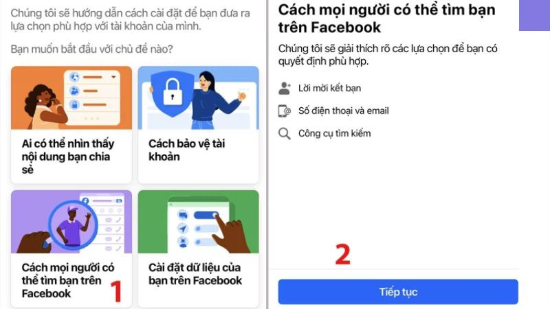 Hướng dẫn bước 2 chặn spam Facebook trên điện thoại: Chọn Cách mọi người tìm bạn