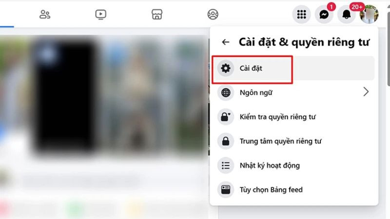 Hướng dẫn bước 2 chặn spam Facebook trên máy tính: Chọn Cài đặt