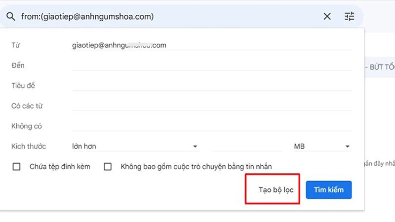 Hướng dẫn bước 2 chặn spam trong Gmail: Nhập địa chỉ email cần chặn và tạo bộ lọc