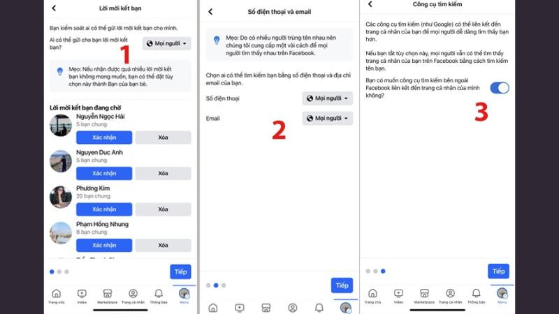 Hướng dẫn bước 3 chặn spam Facebook trên điện thoại: Tùy chỉnh cài đặt riêng tư để hạn chế spam