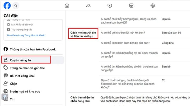 Hướng dẫn bước 3 chặn spam Facebook trên máy tính: Chọn Quyền riêng tư và Cài đặt liên hệ