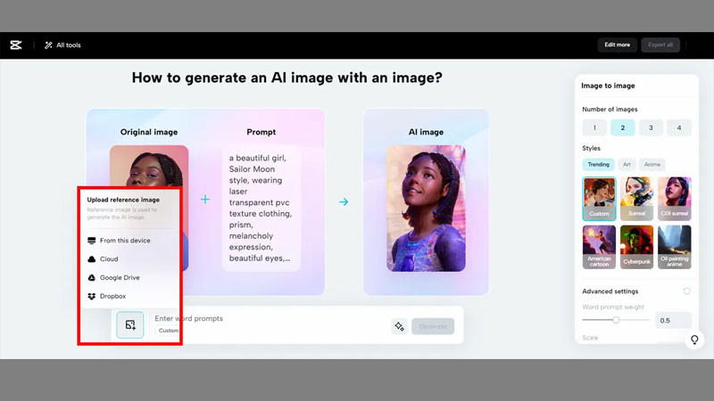 Hướng dẫn tải ảnh gốc lên CapCut để bắt đầu tạo ảnh anime