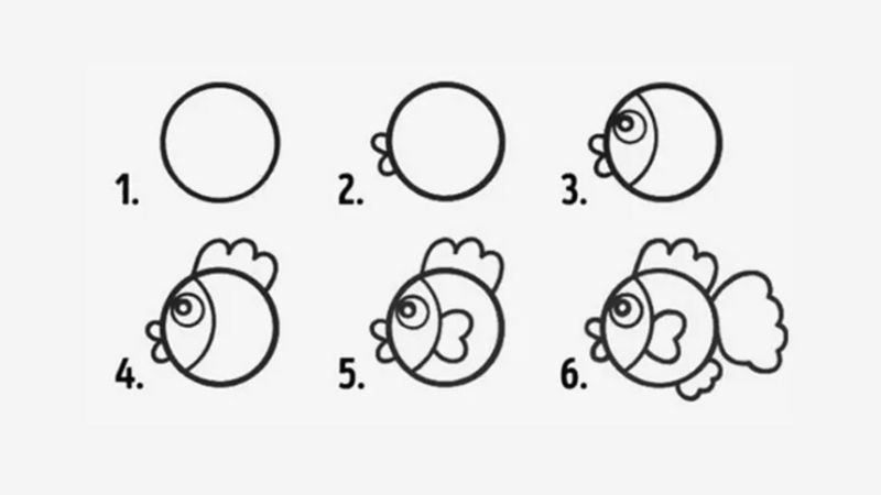 Hướng dẫn vẽ hình ảnh con cá bơi với thân hình tròn và vây đơn giản