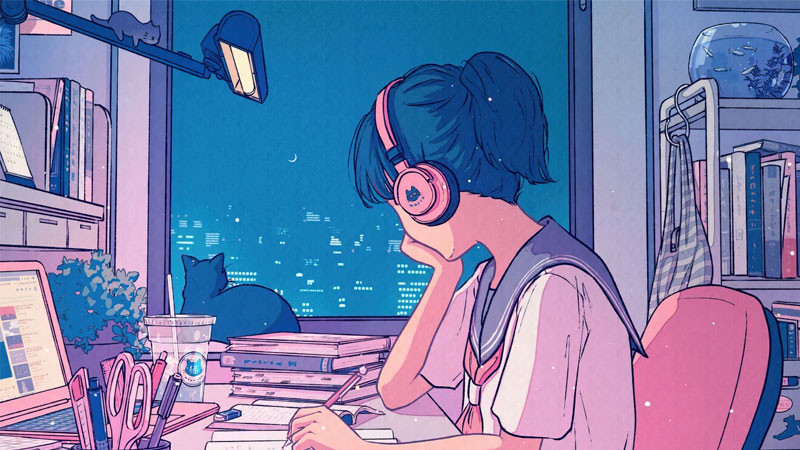 Không gian học tập lofi ấm cúng với kệ sách và cửa sổ nhìn ra ngoài