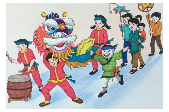 Không khí tưng bừng của ngày Tết với điệu múa lân sôi động được khắc họa trong bức tranh vẽ.