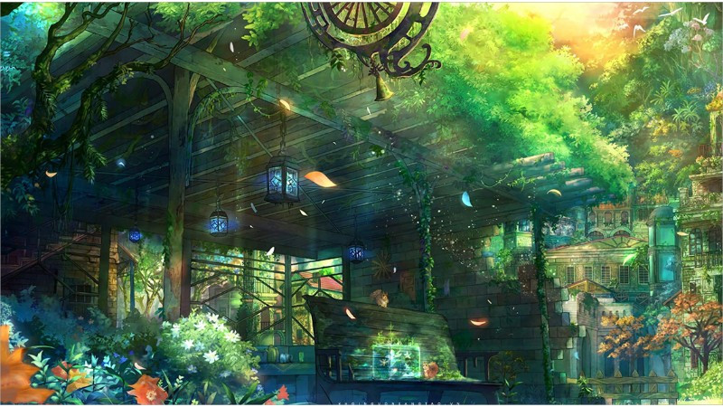 Khu rừng phát sáng với hệ thực vật kỳ lạ trong phong cảnh anime