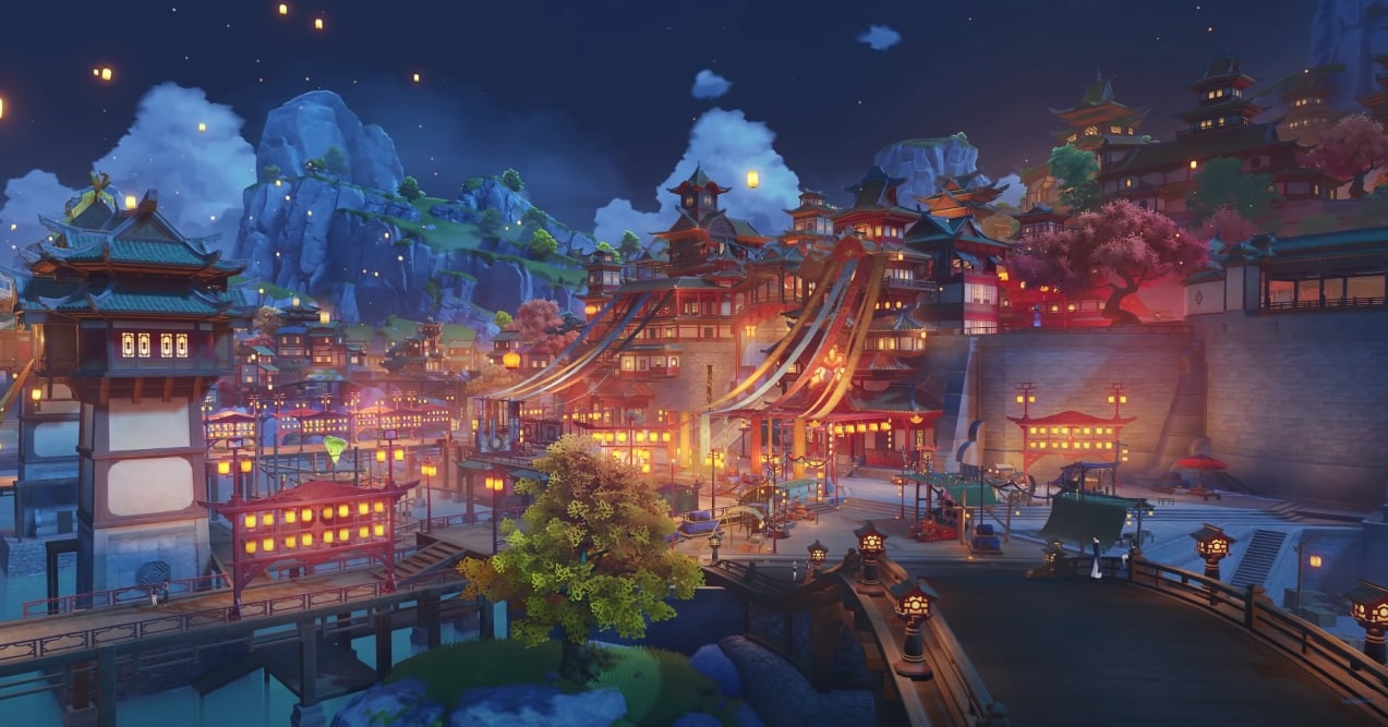 Khung cảnh anime cổ trang huyền bí với kiến trúc truyền thống