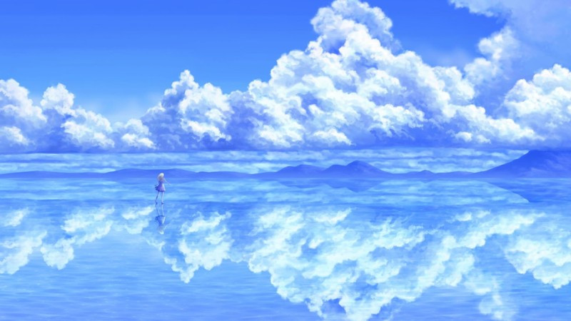 Khung cảnh bầu trời đầy mây và ánh nắng ban mai dịu nhẹ trong phong cảnh anime