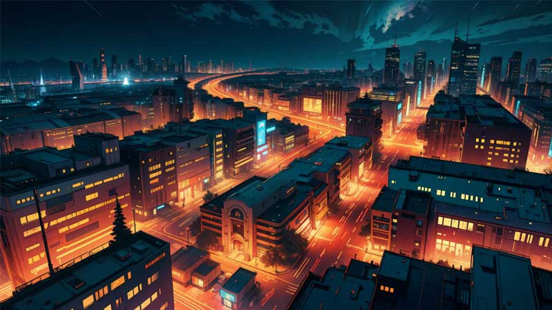 Khung cảnh một con đường ray tàu hỏa xuyên qua thành phố anime vào ban đêm