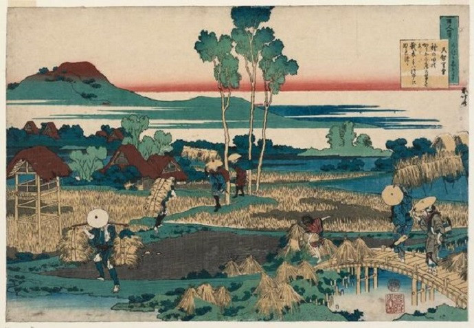Khung cảnh sinh hoạt của người nông dân Nhật Bản vào mùa thu, thể hiện qua kỹ thuật in khắc gỗ Ukiyo-e trong tác phẩm Peasants in Autumn của Katsushika Hokusai.
