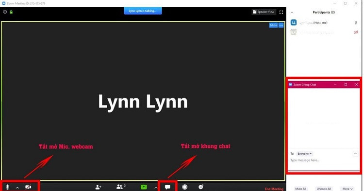 Khung chat, biểu tượng micro và camera trong phòng họp Zoom, phục vụ trao đổi và tương tác