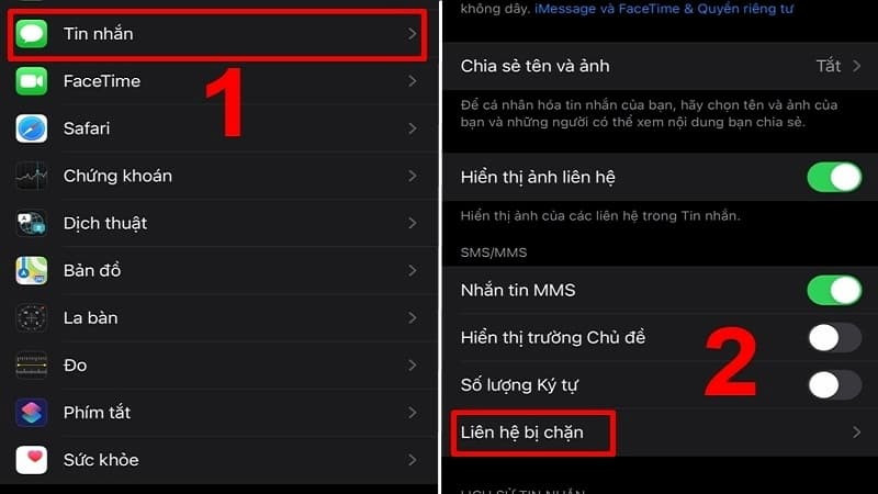Kiểm tra danh sách Liên hệ bị chặn (Blocked Contacts) trong cài đặt Tin nhắn