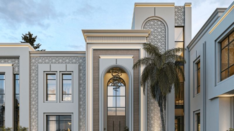 Kiến trúc ngoại thất nhà cổ điển với mái vòm và cột trụ lớn