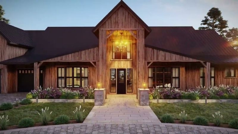 Kiến trúc nhà Rustic với tường đá và mái dốc