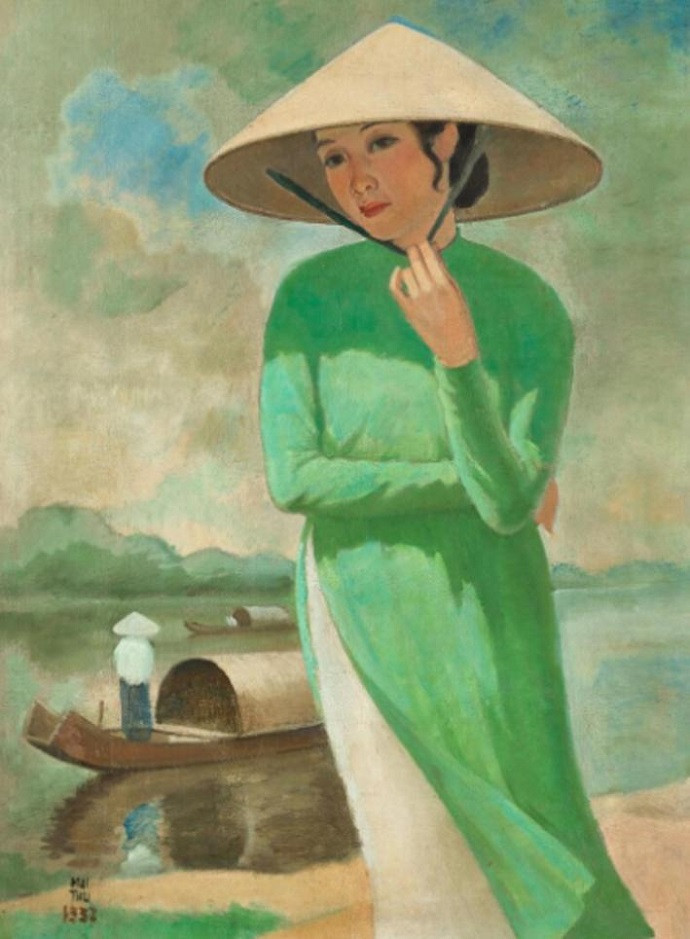 Kiệt tác sơn dầu &quot;Người phụ nữ đội nón lá bên sông&quot; năm 1937 của Mai Trung Thứ, một trong những bức tranh đắt nhất Việt Nam.