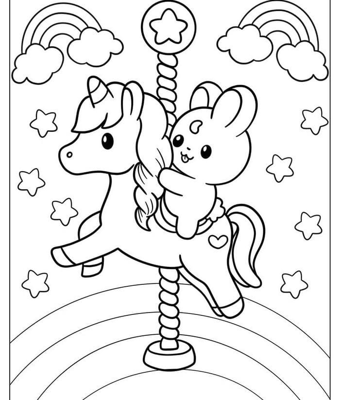 Kỳ lân nhỏ đang chơi đùa với một chú thỏ con đáng yêu