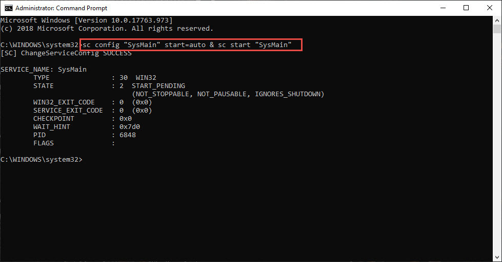 Lệnh khôi phục và bật lại dịch vụ SysMain Superfetch trong Command Prompt