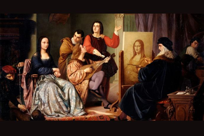 Leonardo da Vinci đang vẽ bức chân dung Mona Lisa, tái hiện quá trình sáng tạo kiệt tác