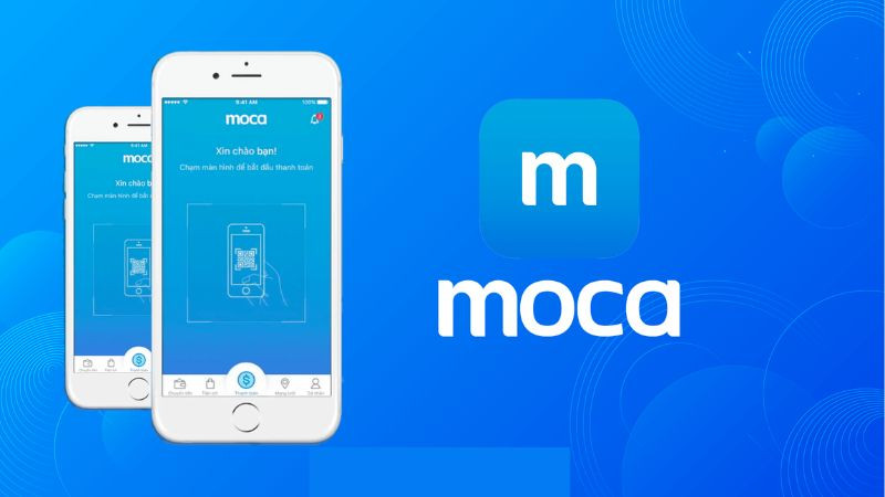Logo và giao diện ví điện tử Moca, liên kết với Grab, cho phép thanh toán các dịch vụ di chuyển và giao hàng tiện lợi