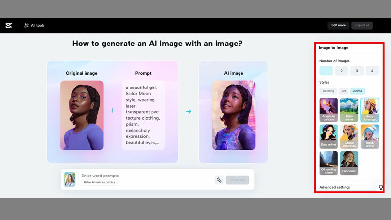Lựa chọn phong cách và số lượng ảnh khi tạo ảnh anime bằng CapCut