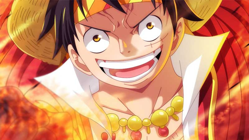Luffy ăn uống vui vẻ với biểu cảm ngon miệng.