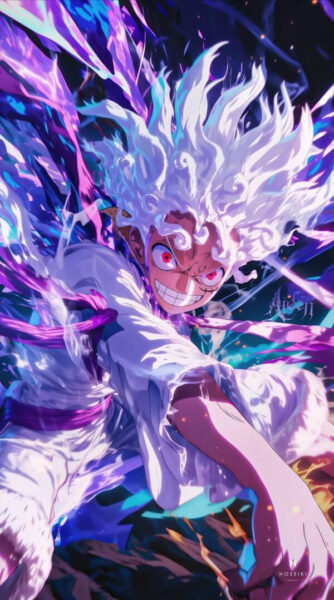 Luffy Gear 5 với nụ cười rạng rỡ và mái tóc trắng, biểu tượng sức mạnh mới trong One Piece