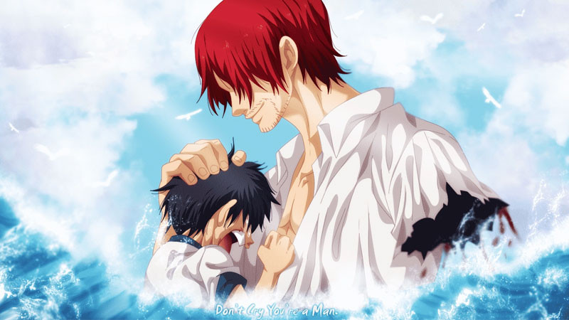 Luffy nhỏ và Shanks Tóc Đỏ trong khoảnh khắc ý nghĩa.