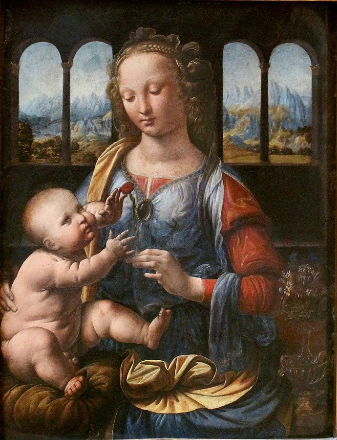 Madonna of the Carnation, Đức Mẹ Maria với Chúa Hài Đồng cầm bông cẩm chướng, tác phẩm của Leonardo da Vinci