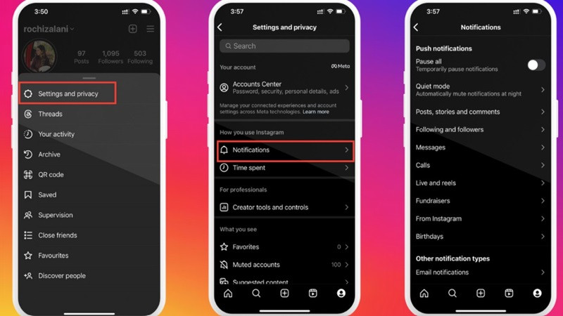 Màn hình cài đặt thông báo trên ứng dụng Instagram, cho phép tùy chỉnh loại thông báo nhận được