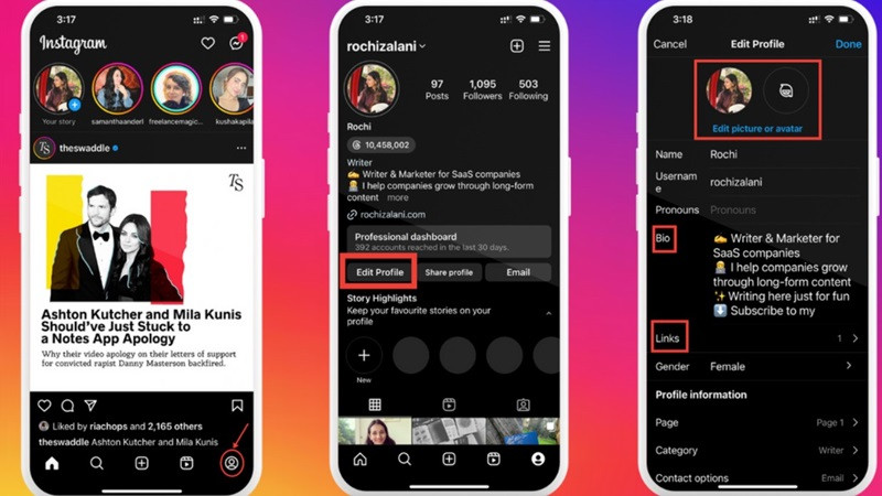 Màn hình chỉnh sửa hồ sơ Instagram, nơi người dùng có thể cập nhật ảnh đại diện, tiểu sử và liên kết