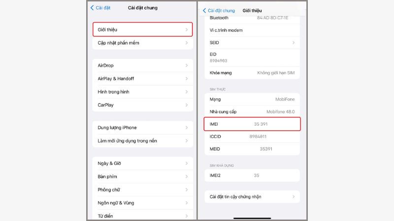 Màn hình Giới thiệu trong Cài đặt iPhone, nơi kiểm tra Serial Number, IMEI và thông tin iCloud ẩn