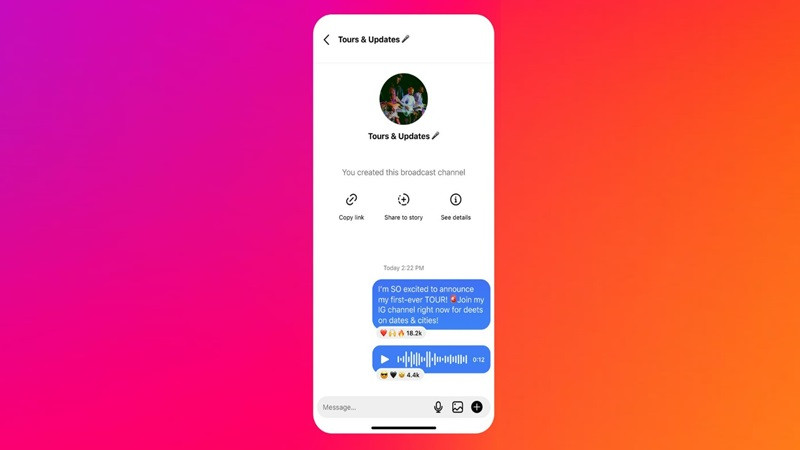 Màn hình hiển thị kênh phát sóng (Broadcast Channel) trong mục tin nhắn Instagram