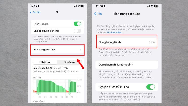 Màn hình kiểm tra Tình trạng pin trên iPhone hiển thị Dung lượng tối đa còn lại