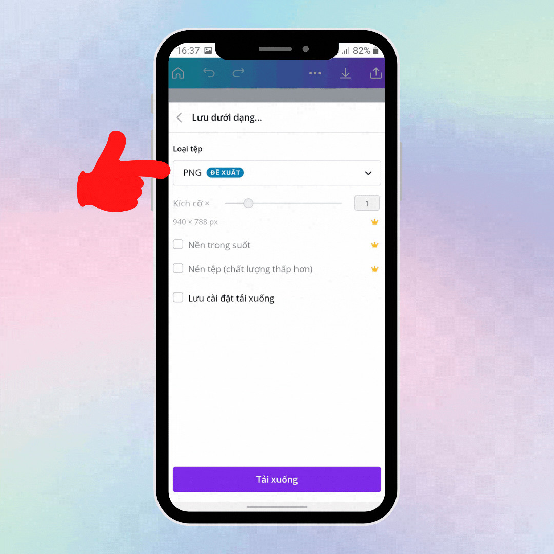 Màn hình tùy chọn lưu thiết kế từ Canva trên điện thoại, cho phép chọn định dạng file