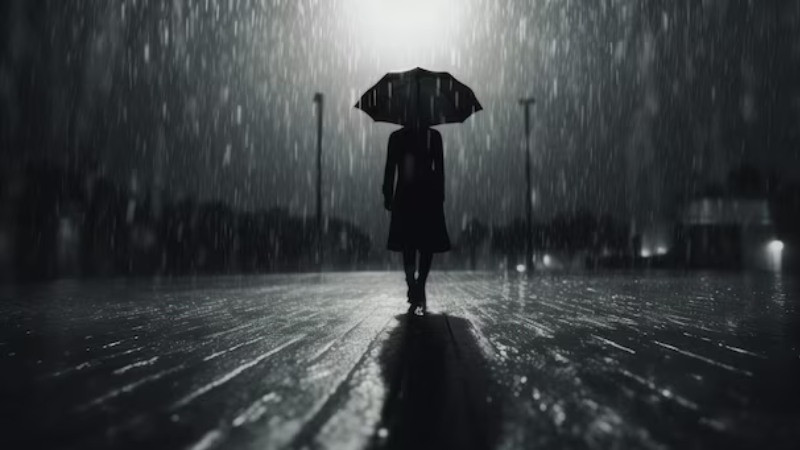 Mặt đường ướt át phản chiếu ánh đèn trong ảnh lofi mưa