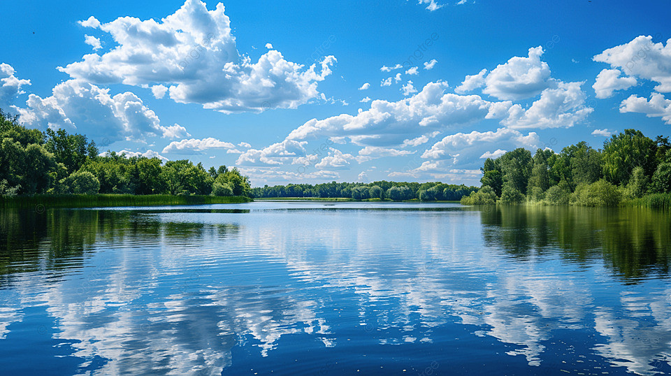 Mặt nước trong veo phản chiếu bầu trời xanh và những đám mây trắng, tạo nên khung cảnh yên bình
